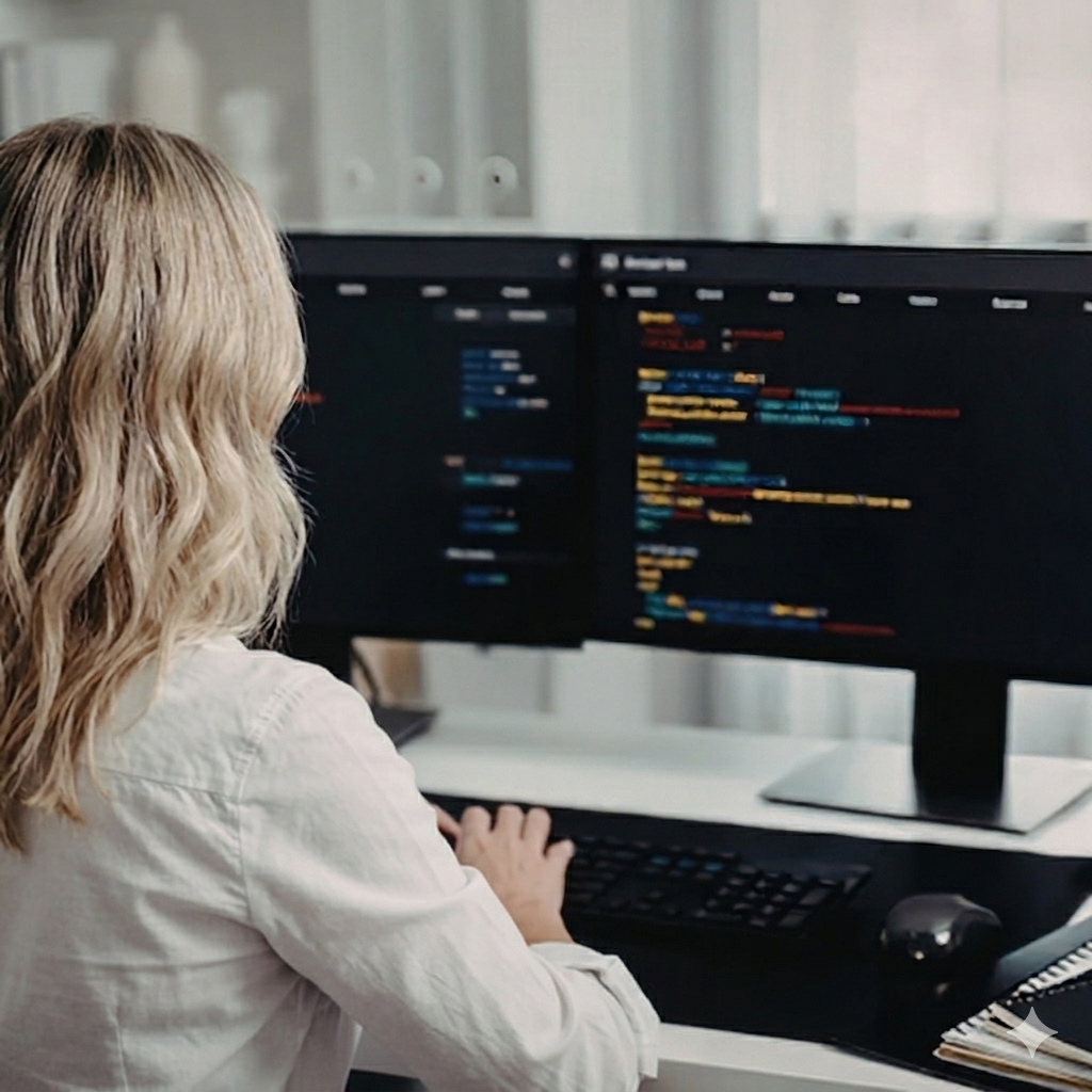 Vicki working at her dual monitor setup